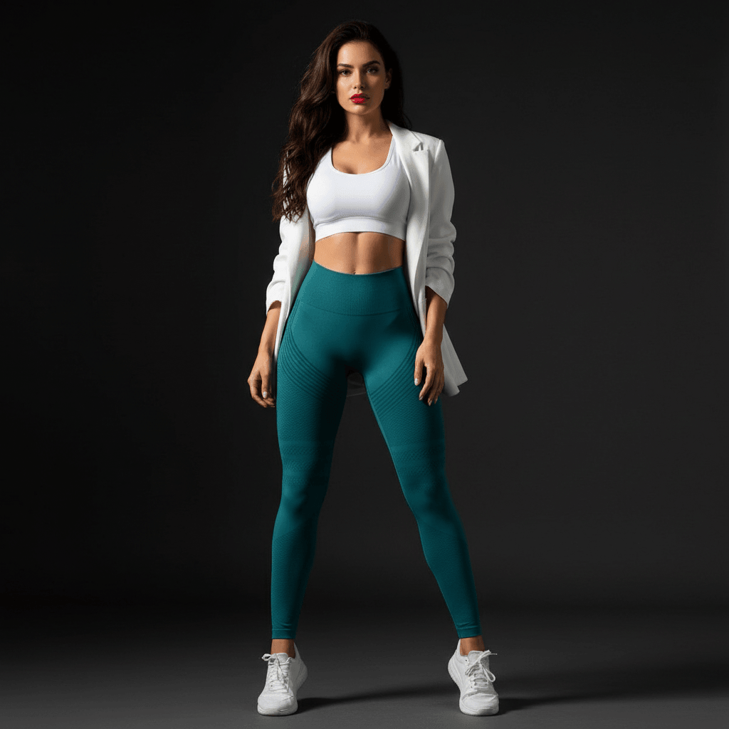 Silhouette affinée par un legging noir de compression taille haute, parfait pour un look athleisure confortable et stylé au quotidien