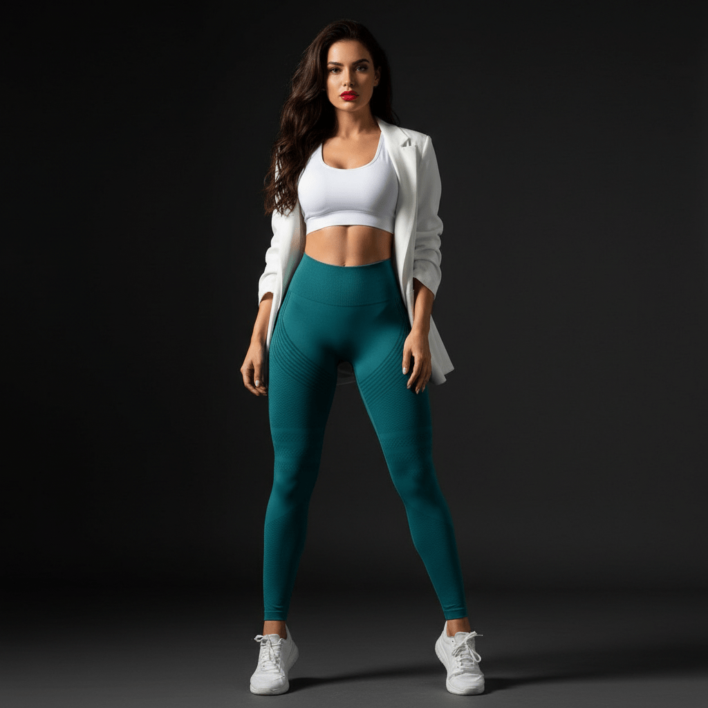 Silhouette affinée par un legging noir de compression taille haute, parfait pour un look athleisure confortable et stylé au quotidien