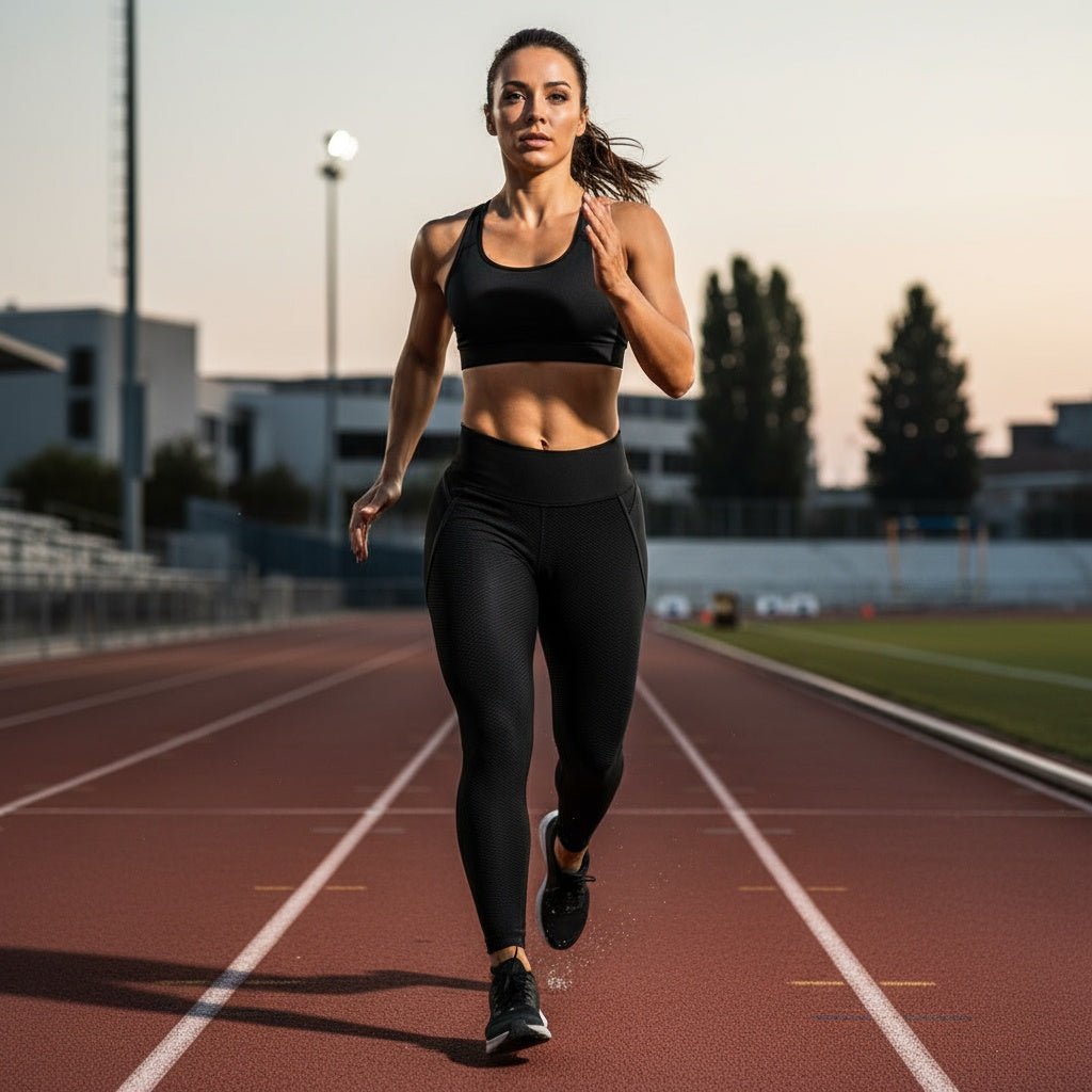 Silhouette sculptée et athlétique grâce au legging noir power à compression forte qui épouse la morphologie