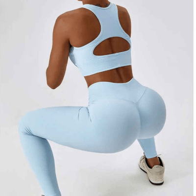 Sport soutien-gorge côtelé bleu ciel dos ouvert femme fitness yoga