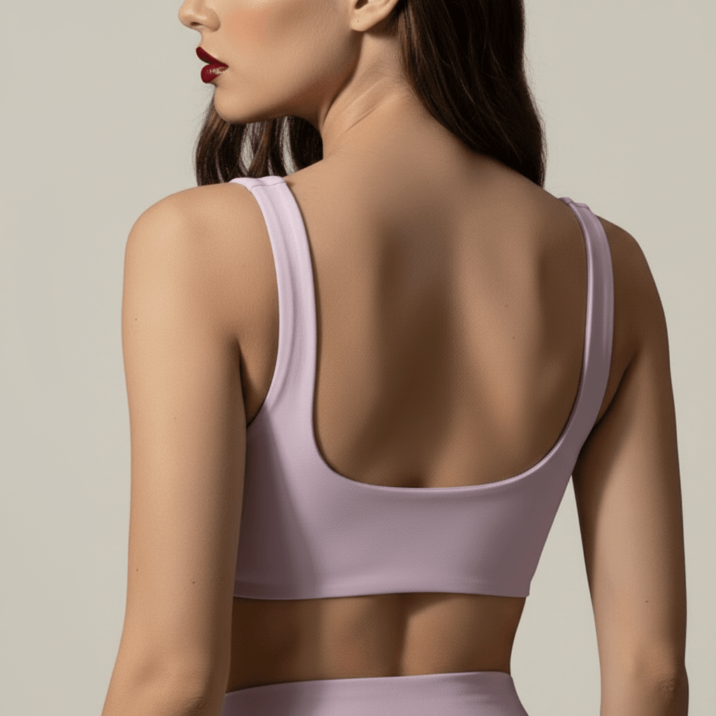 Détail du dos  d'une brassière running femme, combinant style et maintien fort.