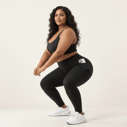 Legging randonnée femme grande taille noir en squat profond, opacité du tissu doublé polaire