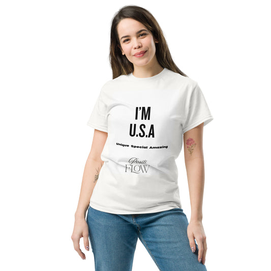 T-shirt en coton bio avec le design i'm USA imprimé sur le torse.