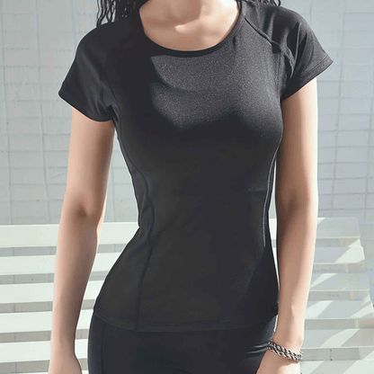 T-shirt sport femme noir manches courtes - design minimaliste respirant séchage rapide