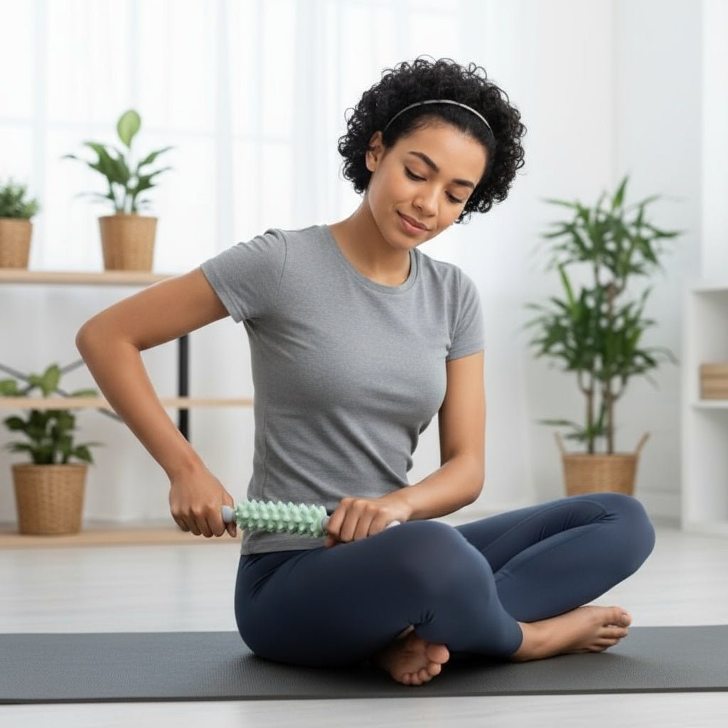 Technique auto massage cuisses quadriceps avec rouleau masseur POSITIFLOW pour récupération rapide entraînement fitness