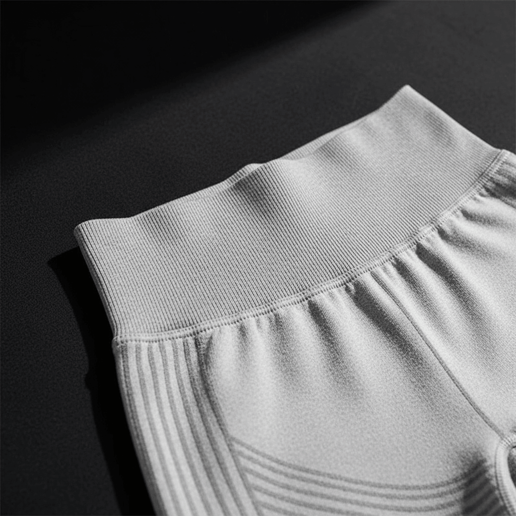 Short femme anti-cellulite: détail d’un short de sport gris clair avec ceinture élastique et motifs gourmets, compression légère.