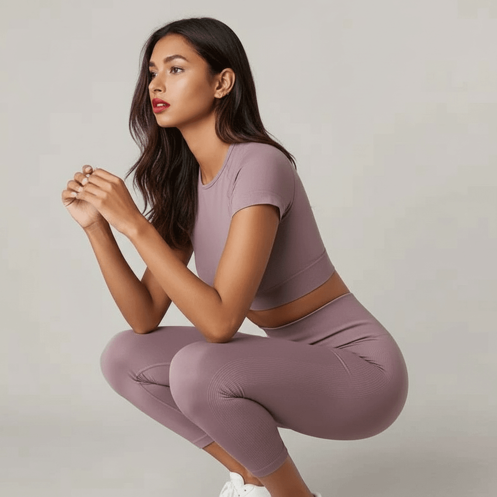 Femme en tenue de sport rose pâle, crop top court et leggings, accroupie et regardant loin, pose dynamique fitness.