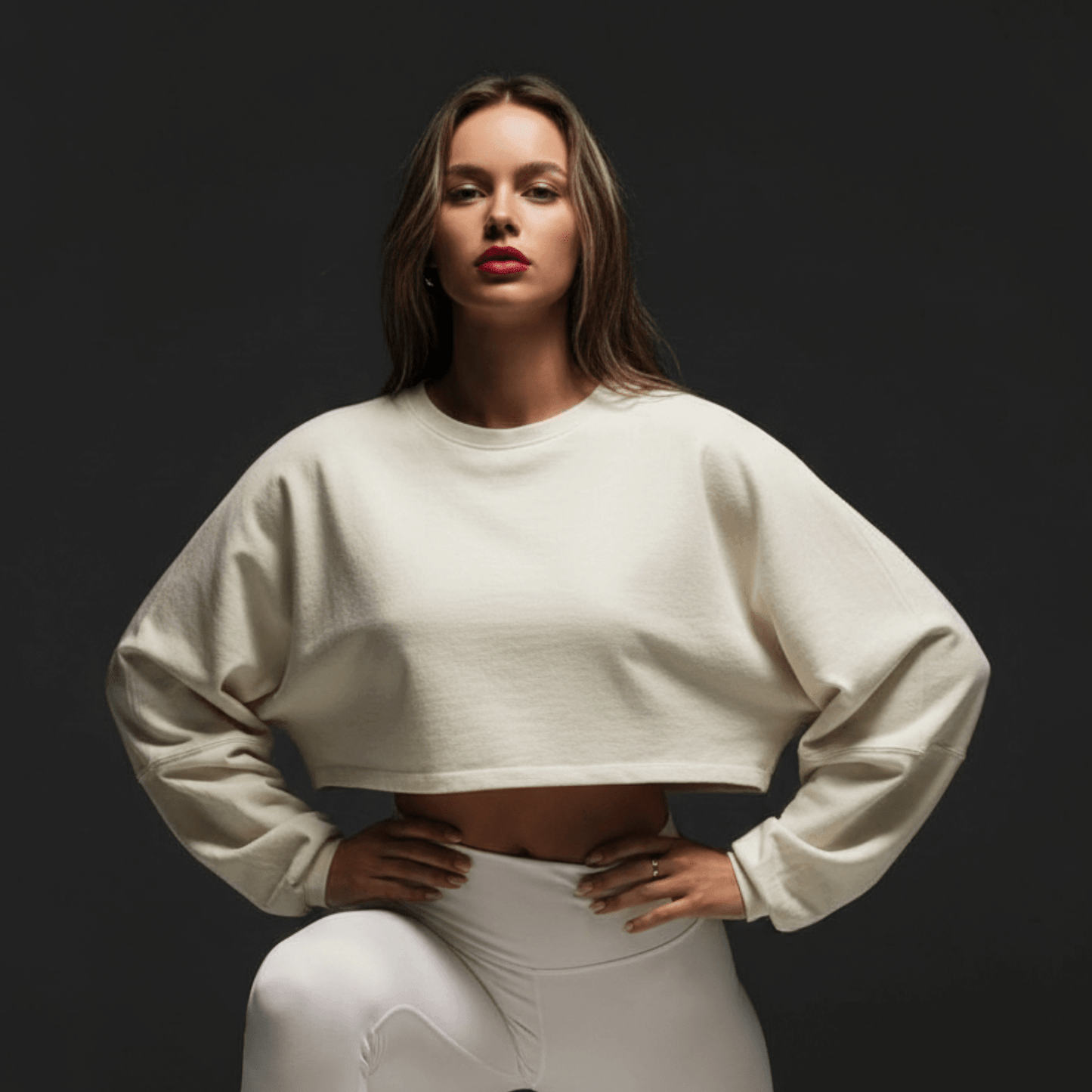 Homme ou femme portant un crop top blanc ample et unlegging de leggings blancs, pose assurée contre un fond sombre. Crop Top Femme Sport—Tee Shirt Court Manches Longues.