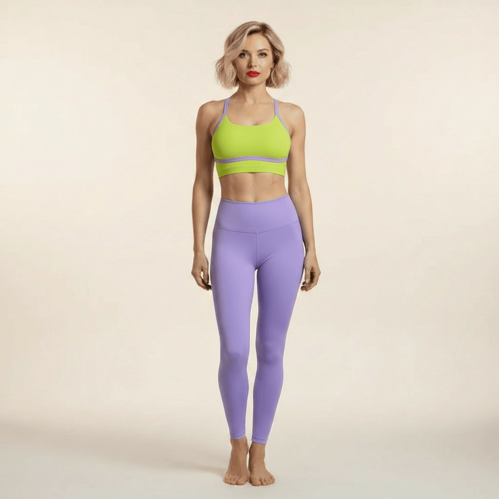 Tenue de yoga femme brassière lime bretelles lavande legging lilas taille haute vue de face élégante
