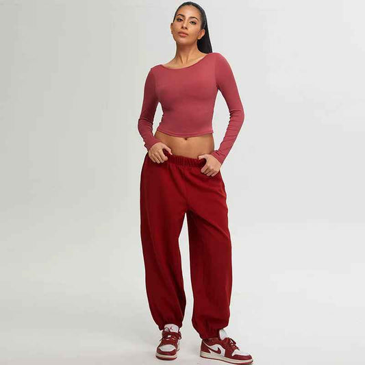 Tshirt manche longue femme dos nu coupe crop pour sport fitness yoga élégant