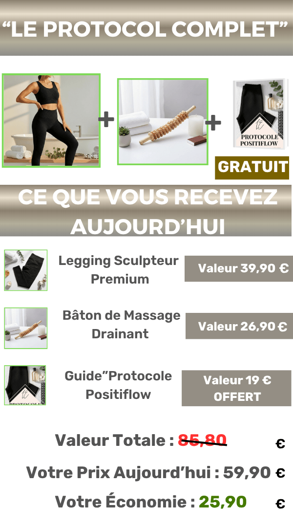 Visuel récapitulatif du Pack Protocole Complet Positiflow avec legging, bâton de massage et guide offert