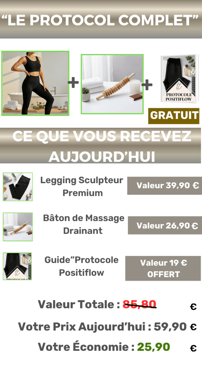 Visuel récapitulatif du Pack Protocole Complet Positiflow avec legging, bâton de massage et guide offert