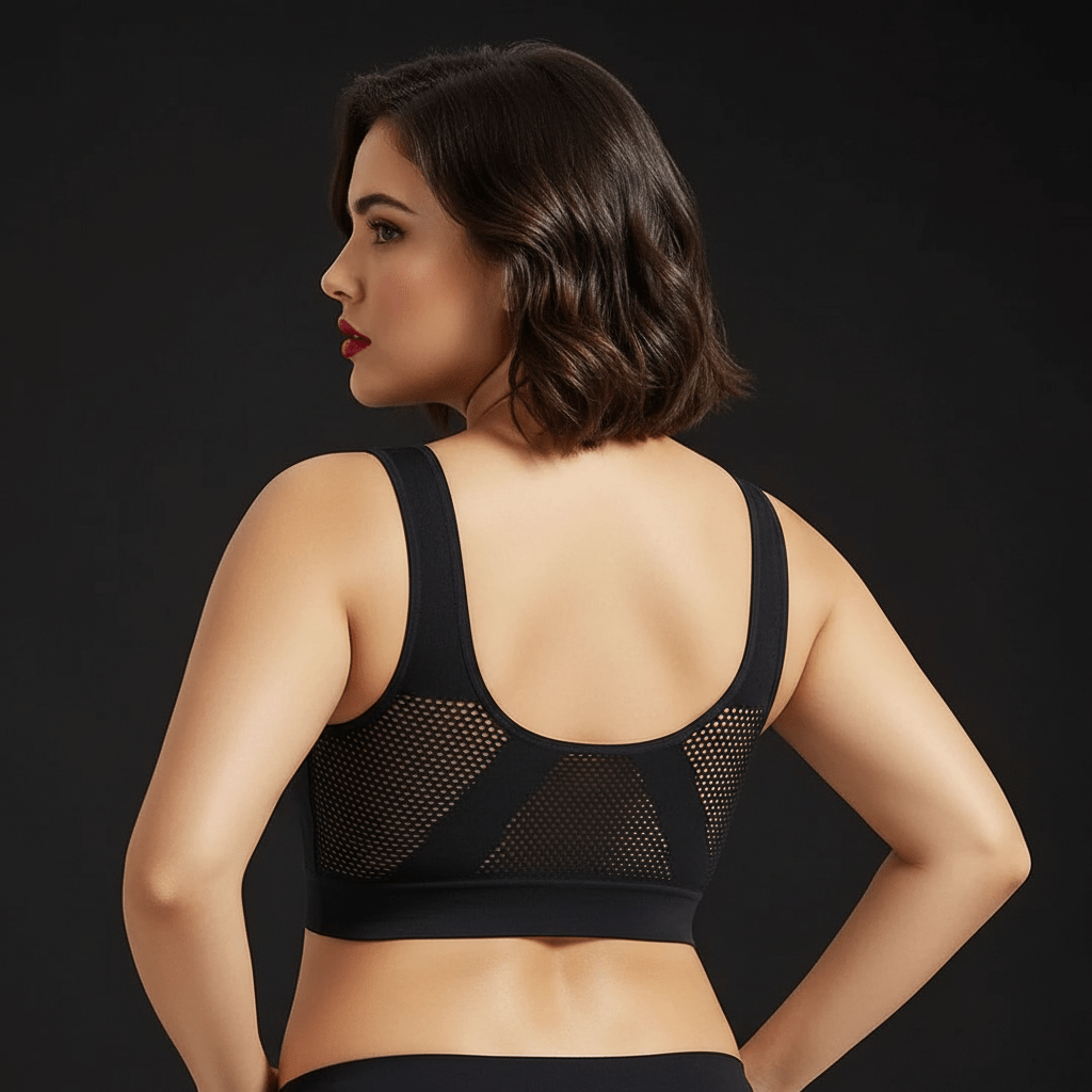 Vue arrière d’une brassière sport femme sans armatures avec maintien optimal