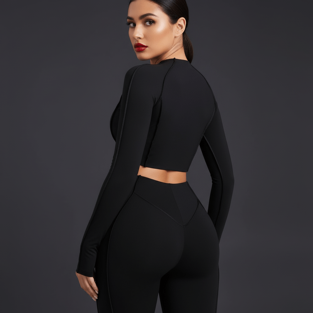 Vue complète d’une femme en tenue yoga gris, pose naturelle, lumière professionnelle