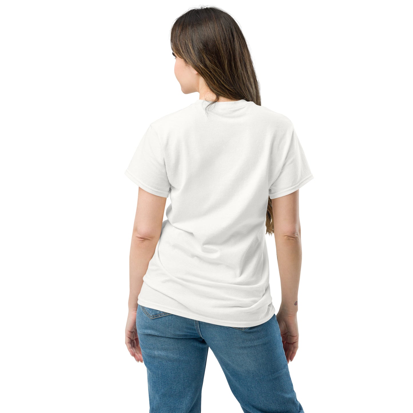 Vue de dos du t-shirt blanc coupe unisexe, montrant le col et les épaules