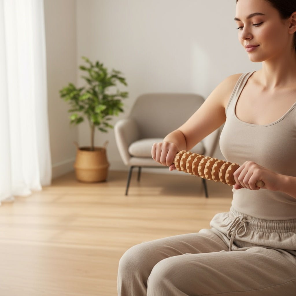 Vue d'ensemble du bâton de massage en bois Positiflow, montrant sa longueur de 38cm.