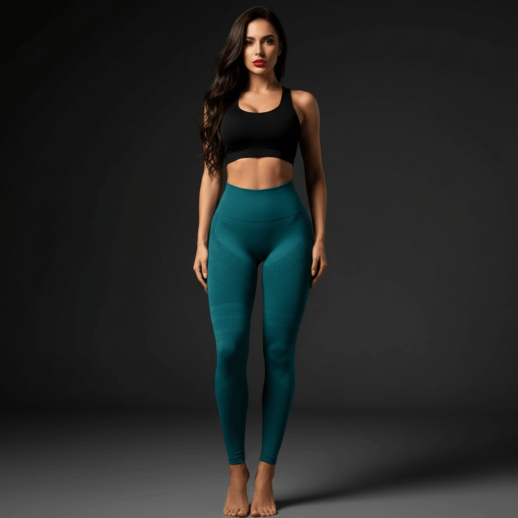 Jeune femme debout en sous-vêtements de sport, haut noir et leggings bleus, silhouette tonique et peau lisse. Pack Positiflow.