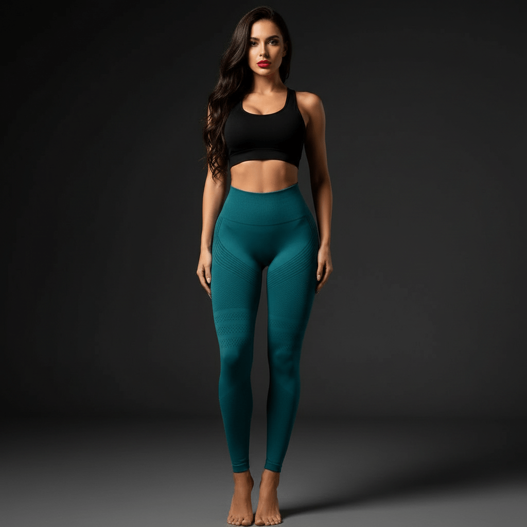 Vue de face d'un legging gainant anti-cellulite qui sculpte les fessiers et lisse la peau grâce à son tissu de compression