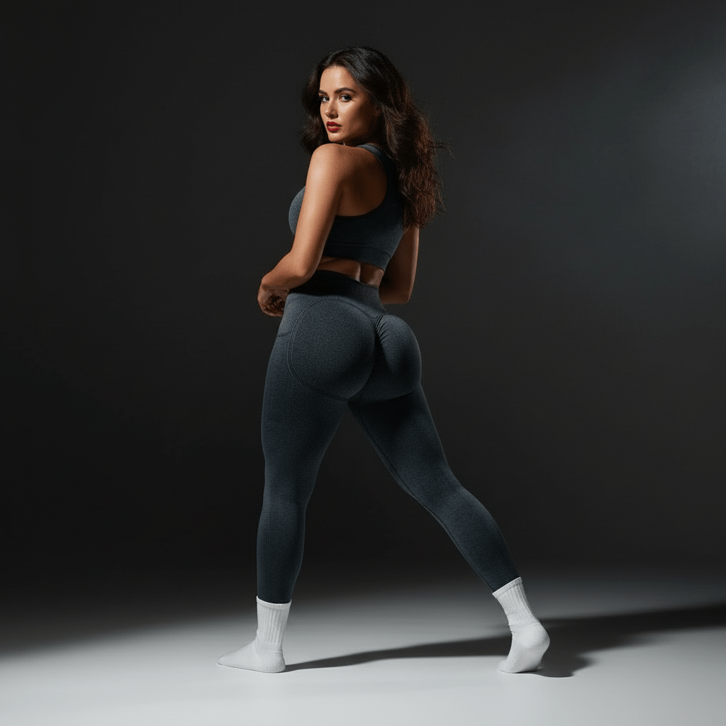 Vue latérale du legging yoga premium, montrant une coupe flatteuse et un design intemporel pour la pratiquee