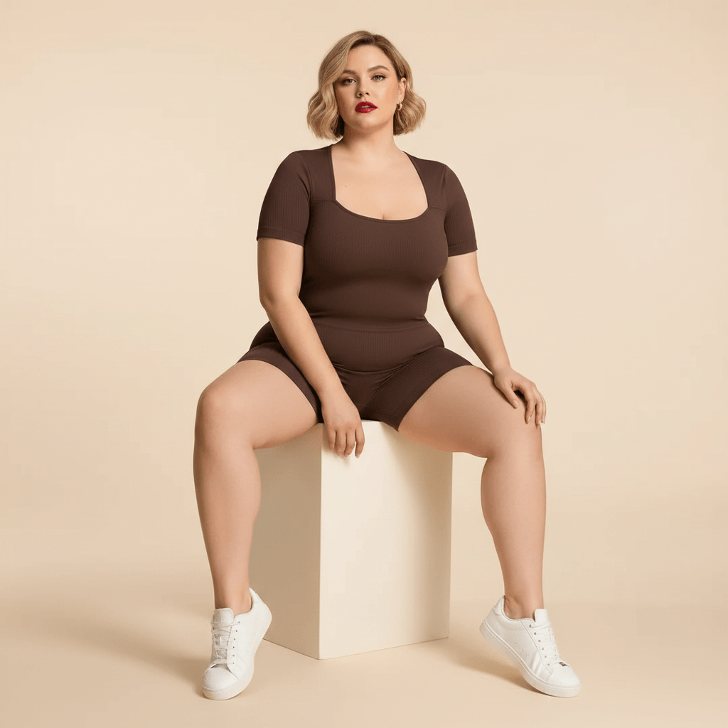 Body sport grande taille marron chocolat seamless côtelé assise élégante cube crème fond studio