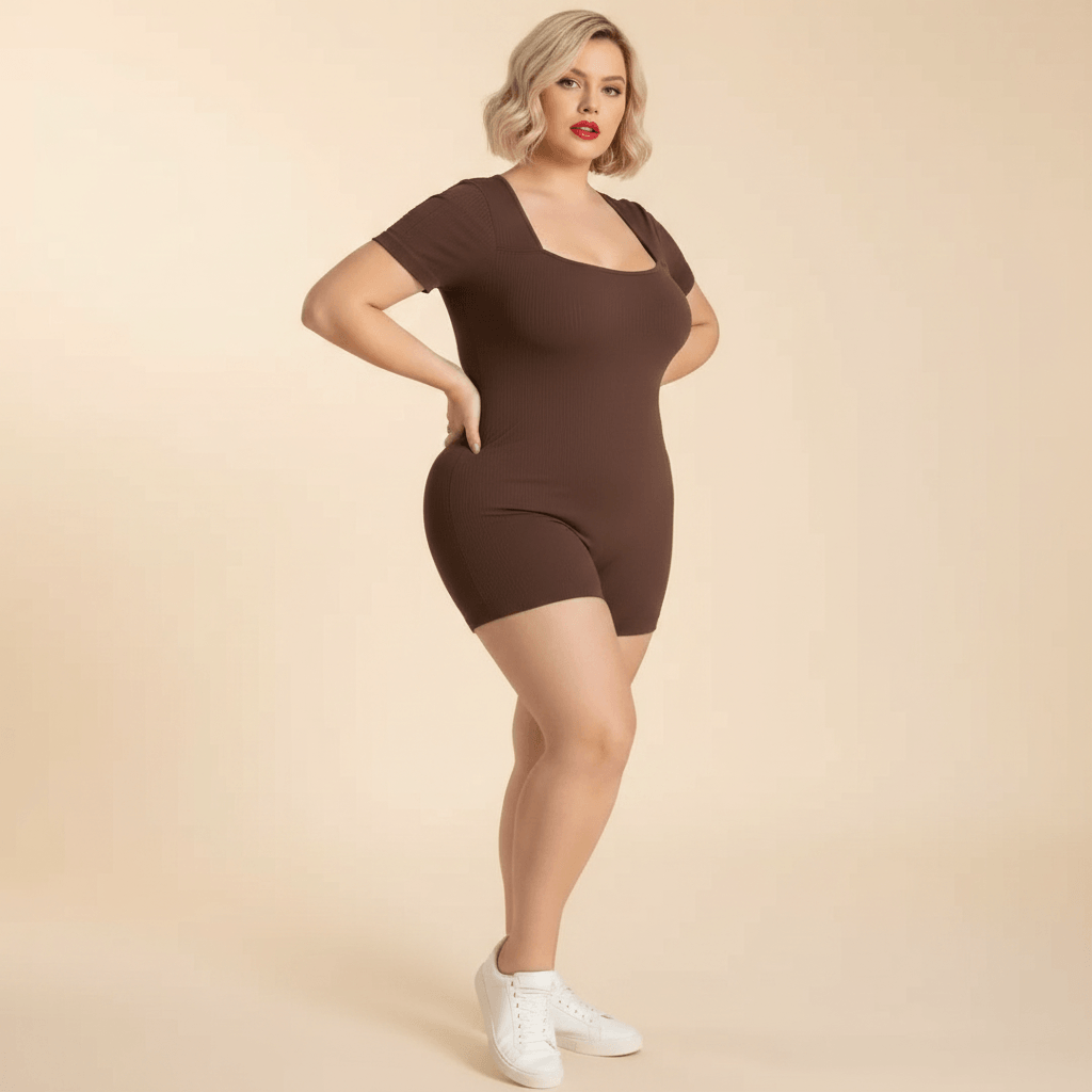 Body sport grande taille marron chocolat seamless côtelé col carré vue face trois-quarts fond studio crème