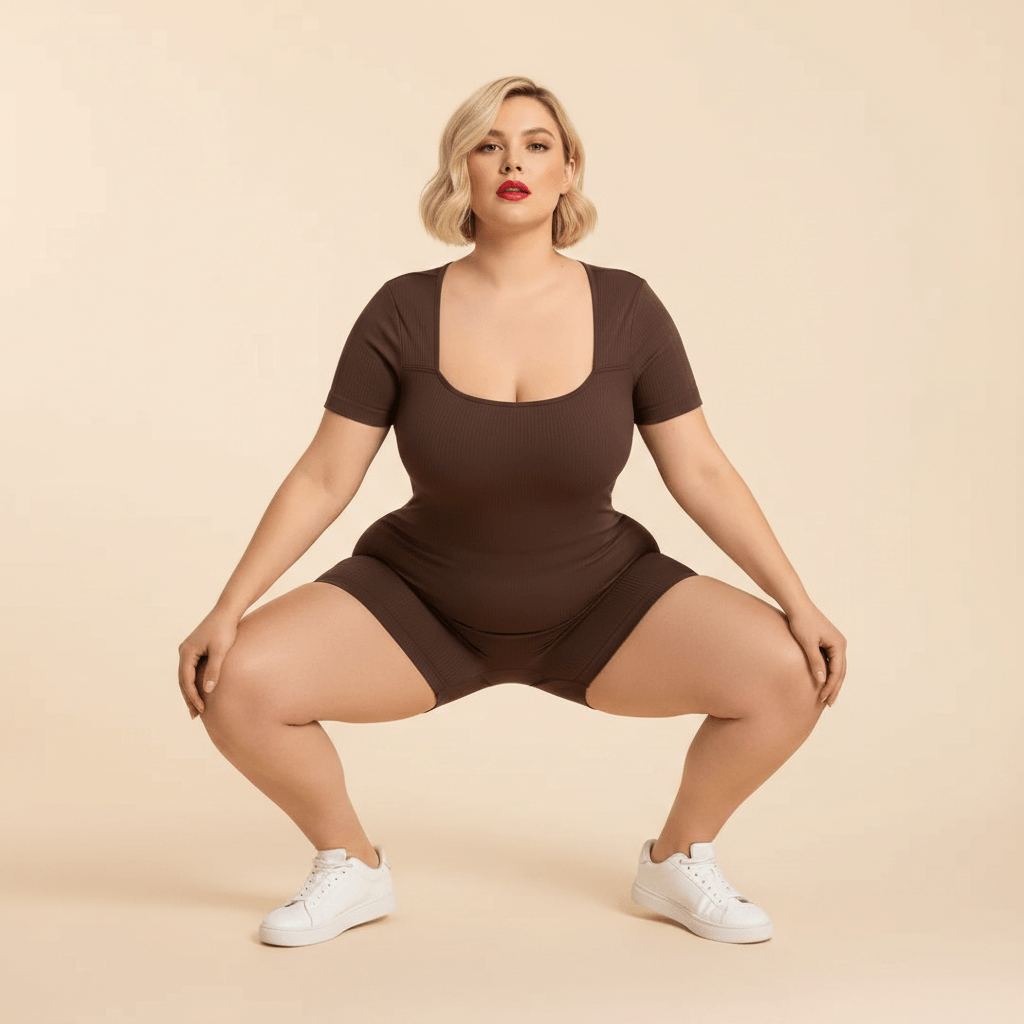 Body sport grande taille marron chocolat seamless côtelé squat vue de face opacité fond studio crème