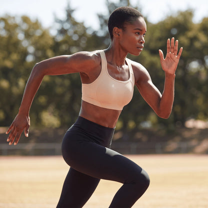 Femme qui court en extérieur avec la brassière de sport rose clair