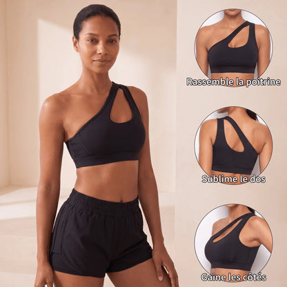Brassière de sport noire une épaule : poitrine rassemblée, dos sublimé et côtés gainés