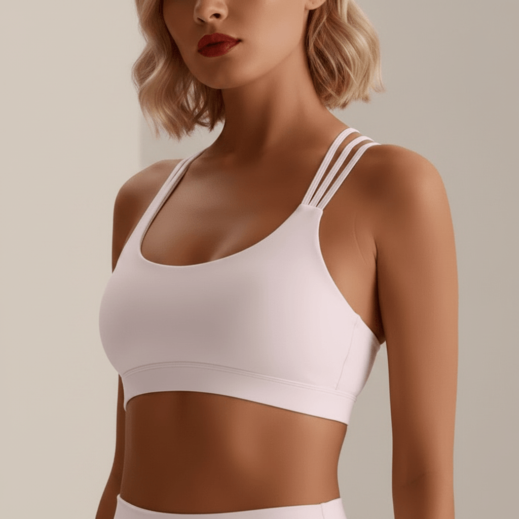 Brassière sport femme blanche à maintien fort, sujet de l’image: soutien-gorge de sport sans armatures avec bretelles triples sur fond sombre.