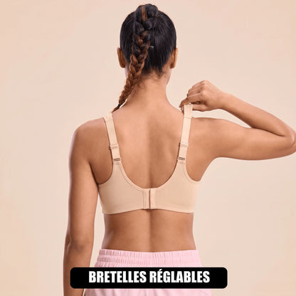 Dos d'une brassière de sport beige, bretelles réglables et dos en U