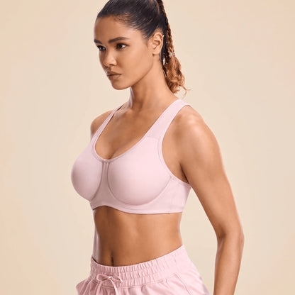 Brassière de sport à armatures rose portée de profil, soutien et dos en U
