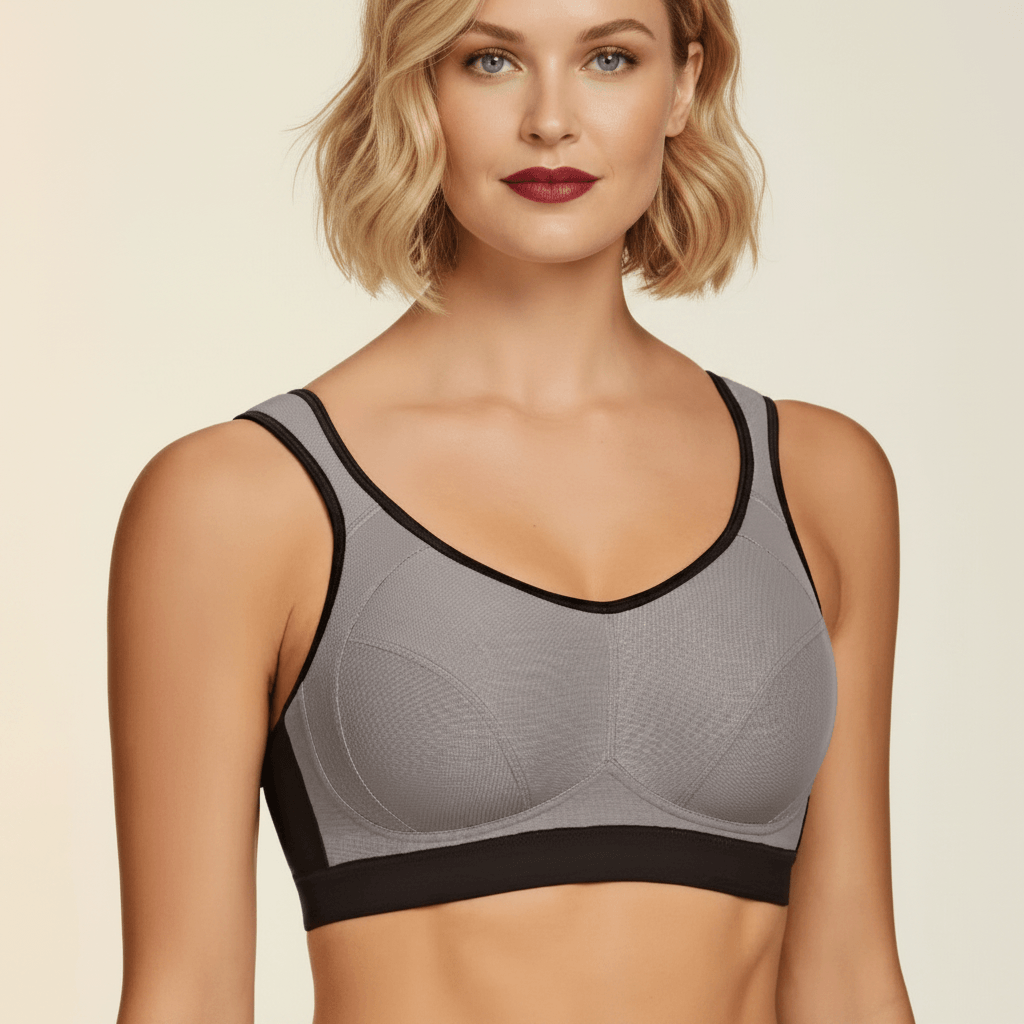  Brassière forte poitrine grise et noire zoom buste bonnets mesh gris bande noire femme grande taille studio