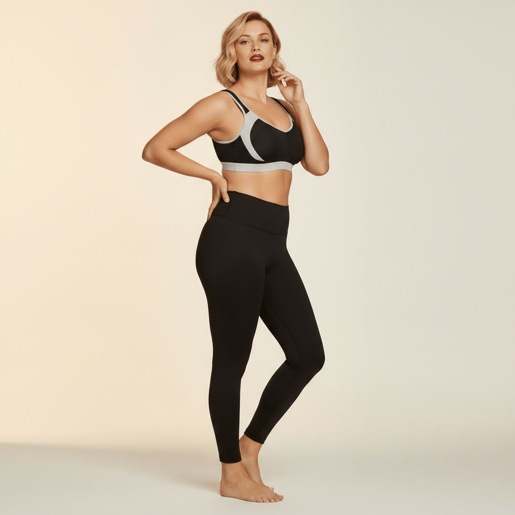 Brassière forte poitrine noire et grise femme grande taille face pose fashion éditoriale maintien studio