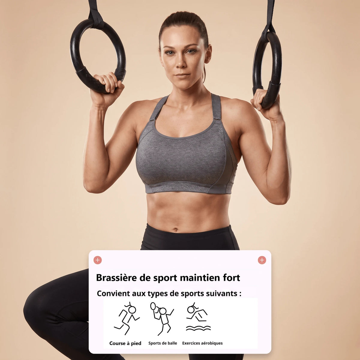 Brassière de sport grise portée aux anneaux de gym, avec les sports adaptés : course à pied, sports de balle, exercices aérobiques