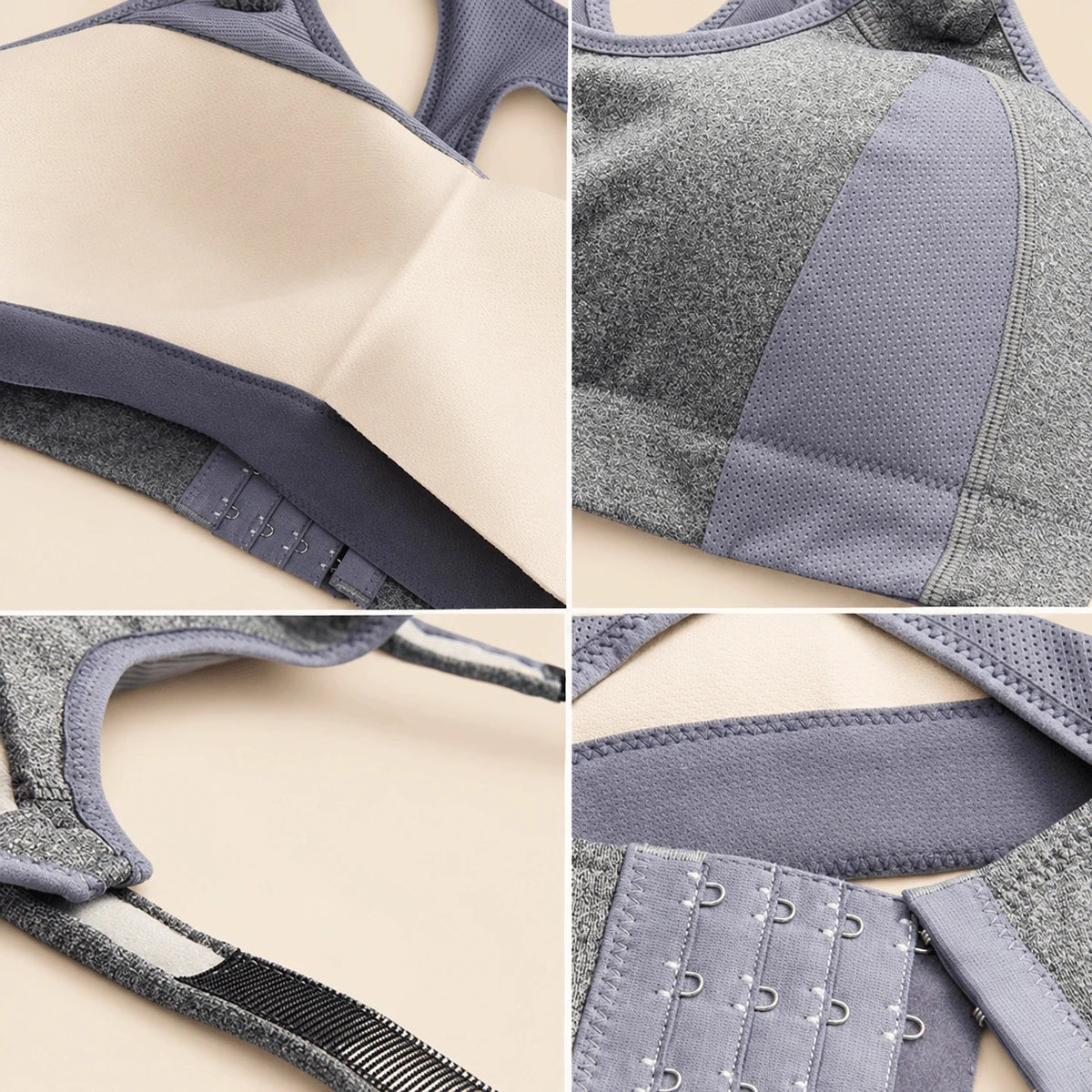 Détails de la brassière : bonnet doublé, panneau en mesh, réglage des bretelles et agrafes