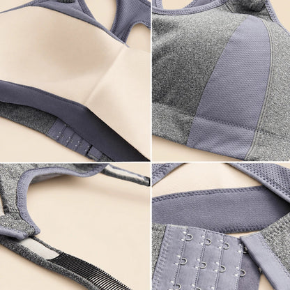 Détails de la brassière : bonnet doublé, panneau en mesh, réglage des bretelles et agrafes