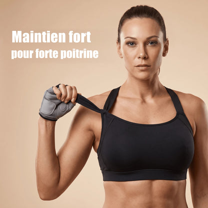 Brassière de sport noire, maintien fort pour forte poitrine, bretelle dos nageur tirée à la main