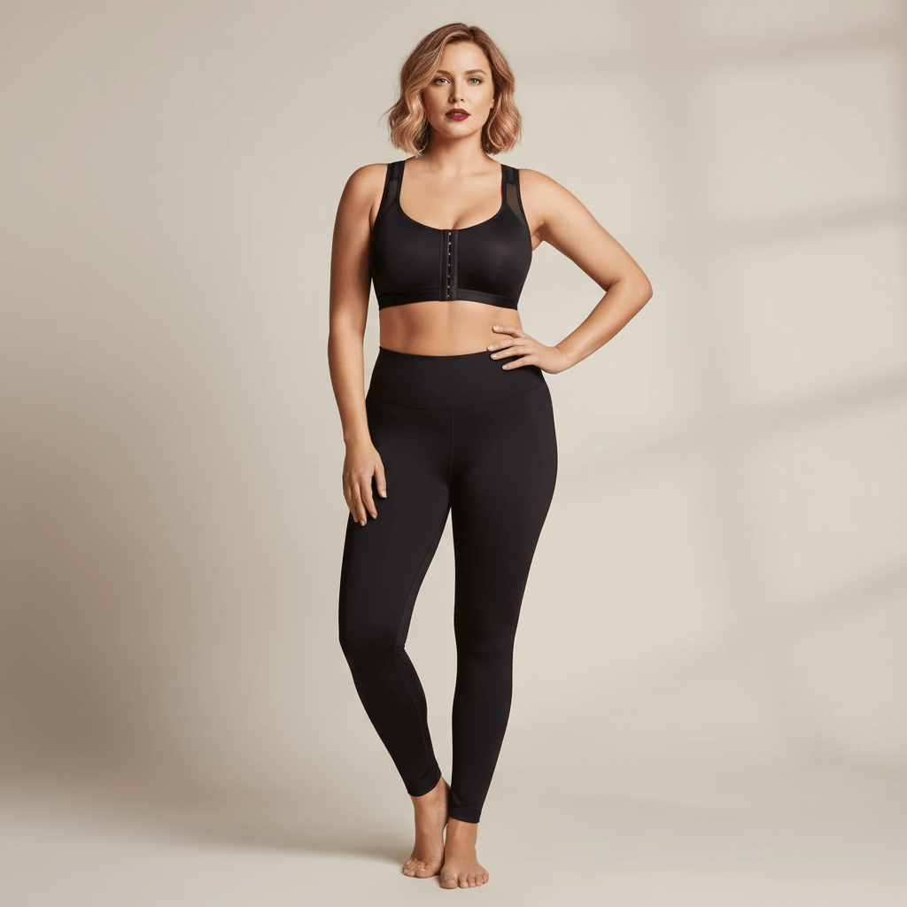 Brassière grande taille noire femme pose fashion face main hanche maintien studio