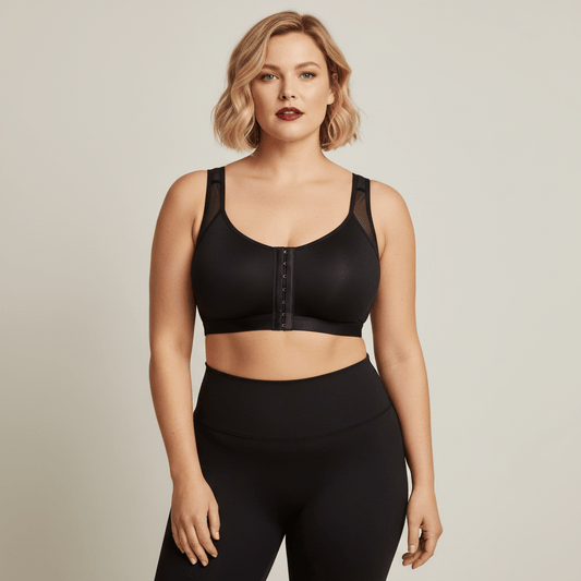 Brassière grande taille noire femme photo principale face debout maintien studio
