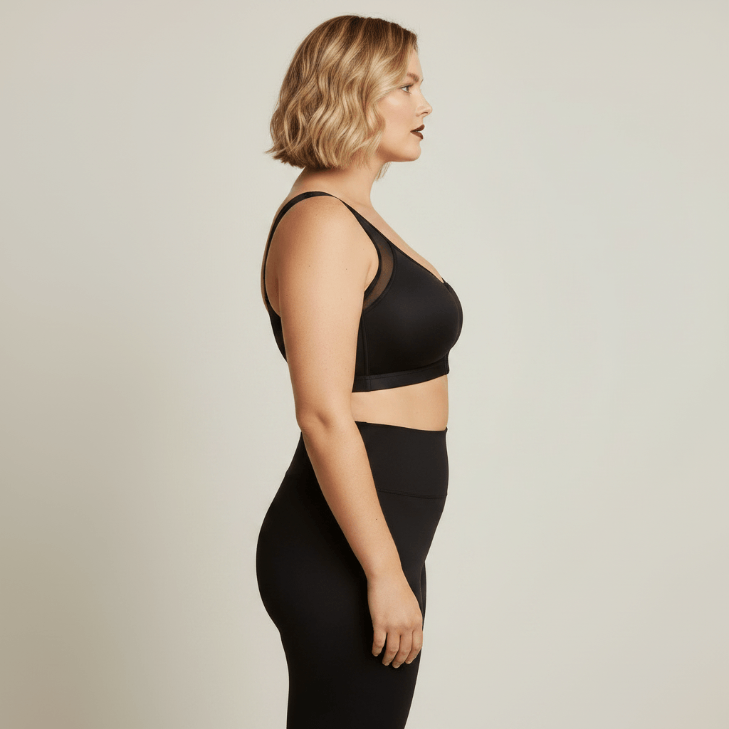 Brassière grande taille noire femme vue profil galbe maintien poitrine compression studio