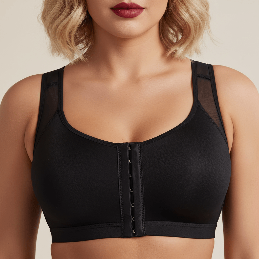Brassière grande taille noire femme zoom buste fermeture agrafes avant bretelles mesh détail
