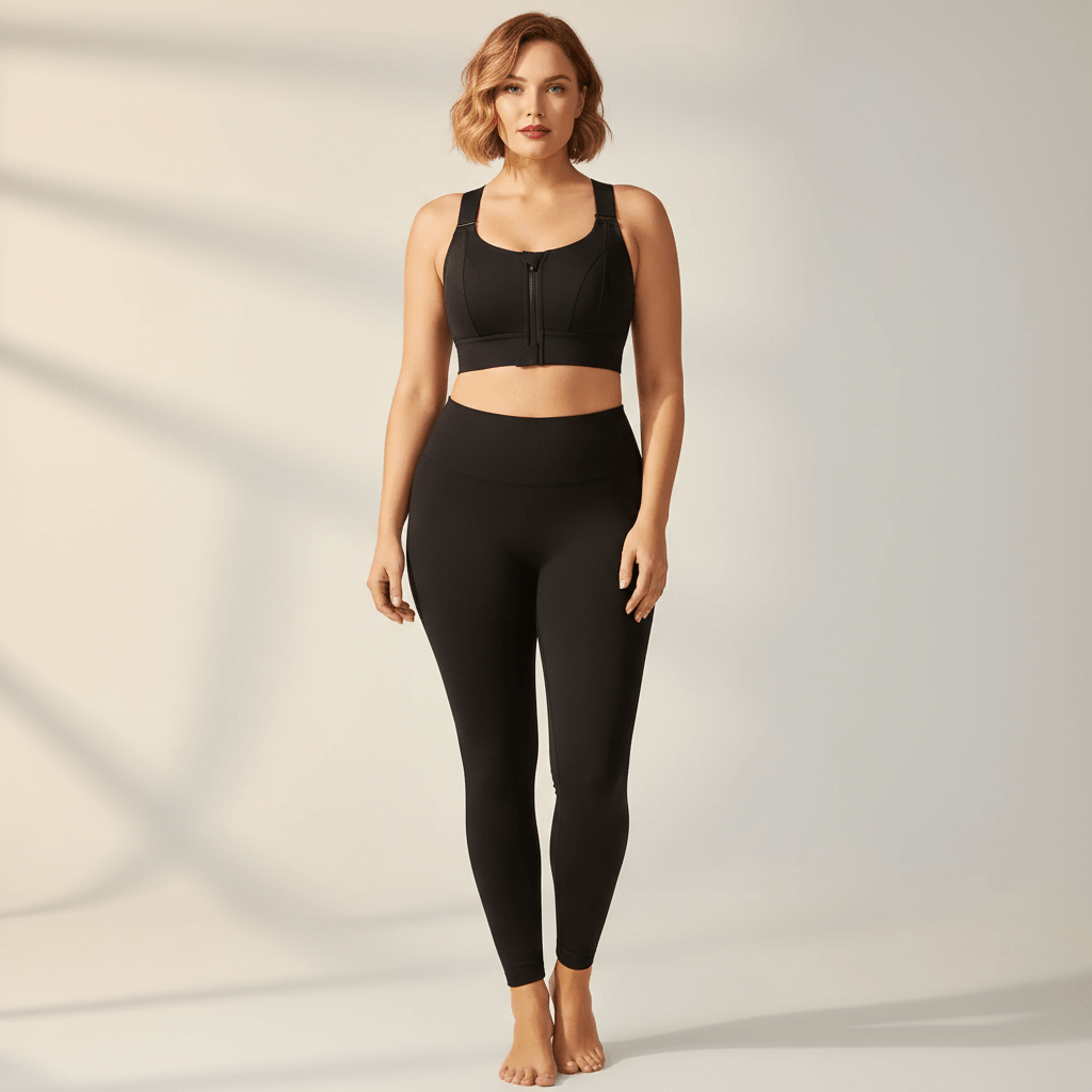 Brassière maintien fort grande taille noire fermeture éclair avant femme face debout studio