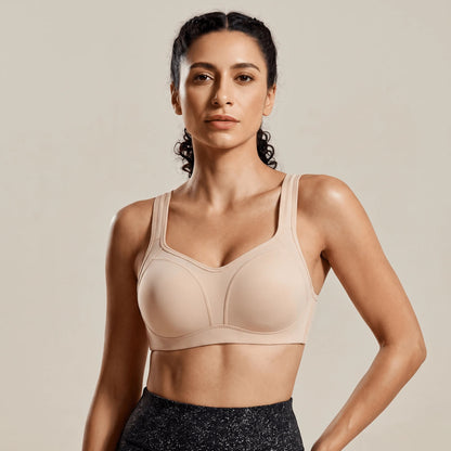 Brassière running grande taille beige, maintien fort, bretelles larges réglables, vue de face