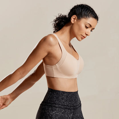 Brassière sport grande taille bon maintien beige, vue trois quarts