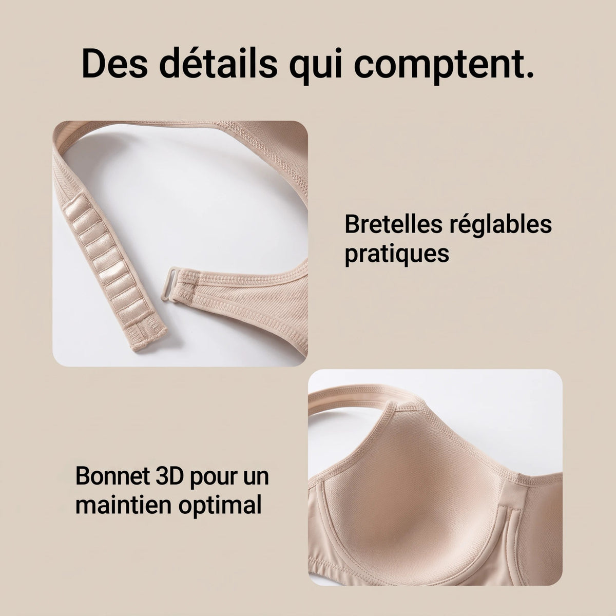 Détails de la brassière running : bretelle réglable et bonnet 3D