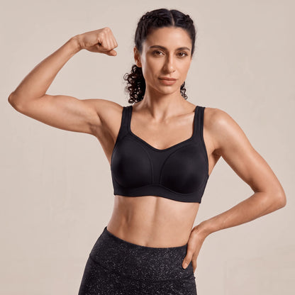 Brassière running grande taille noire, maintien fort, panneau de maille au centre des bonnets