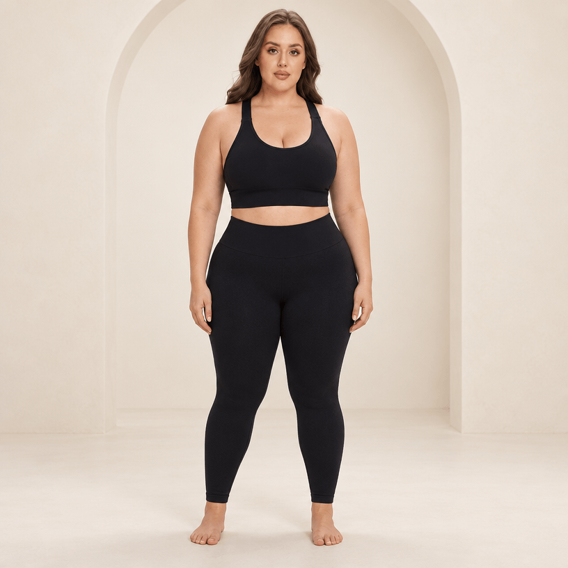 Brassière running maintien fort noire portée de face, tenue complète grande taille, studio fond ivoire.