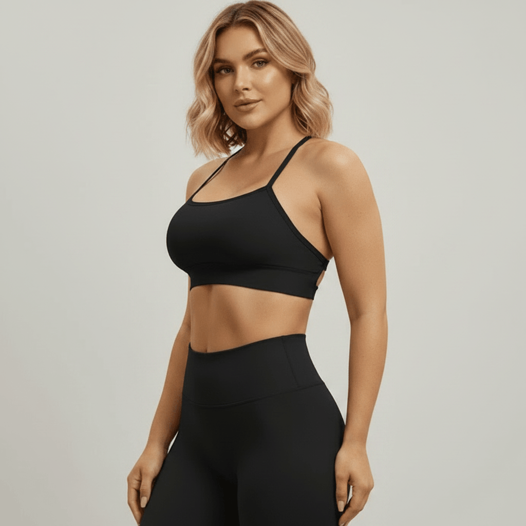 Brassière Sans Couture Femme noire, vue de face, portée en studio minimaliste gris clair.