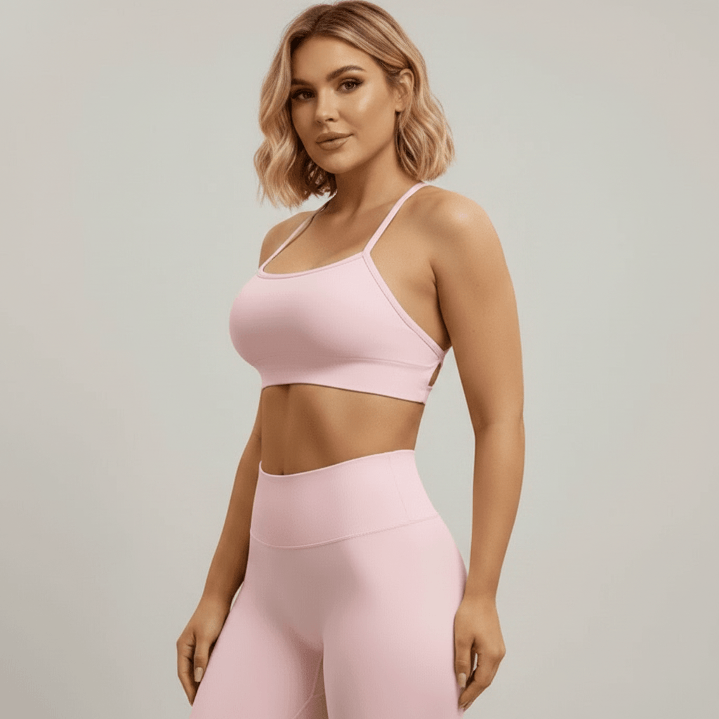 Brassière Sans Couture Femme rose pâle, vue de profil, portée en studio minimaliste gris clair.