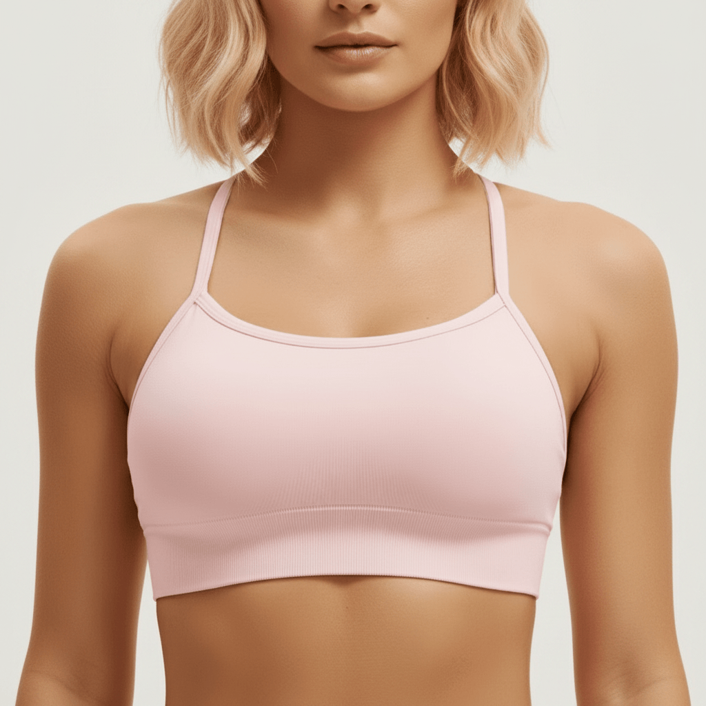 Brassière Sans Couture Femme rose pâle, zoom détail devant encolure et maintien, studio minimaliste gris clair.
